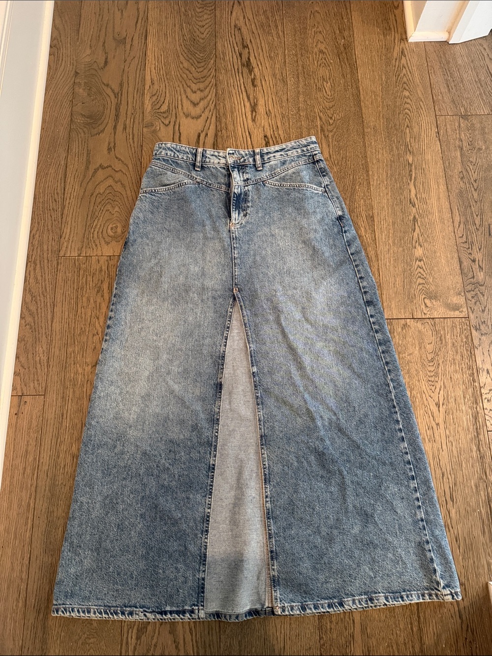 Free People Faded Blue Denim Maxi Skirt with Front Slit